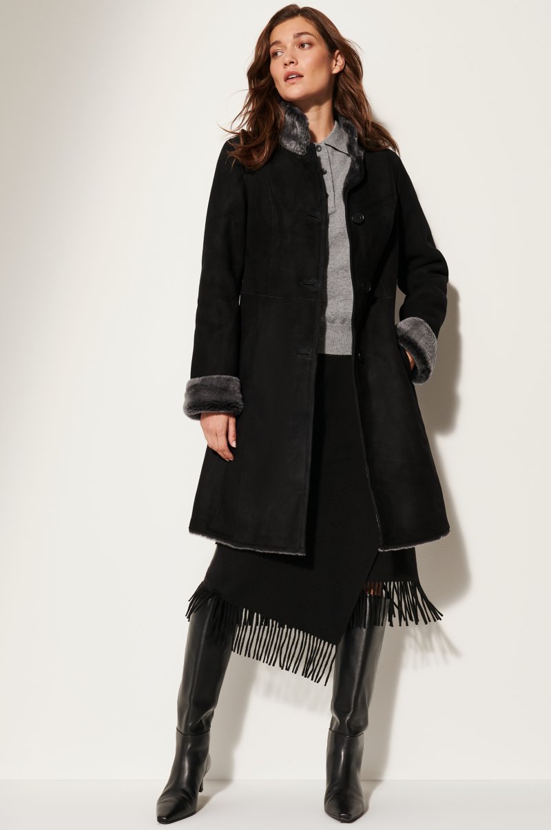 Women's Grey Fur & Shearling Long Leather Coat