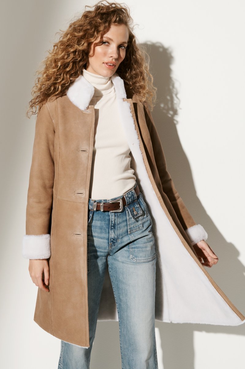 Women's Brown Fur & Shearling Long Leather Coat