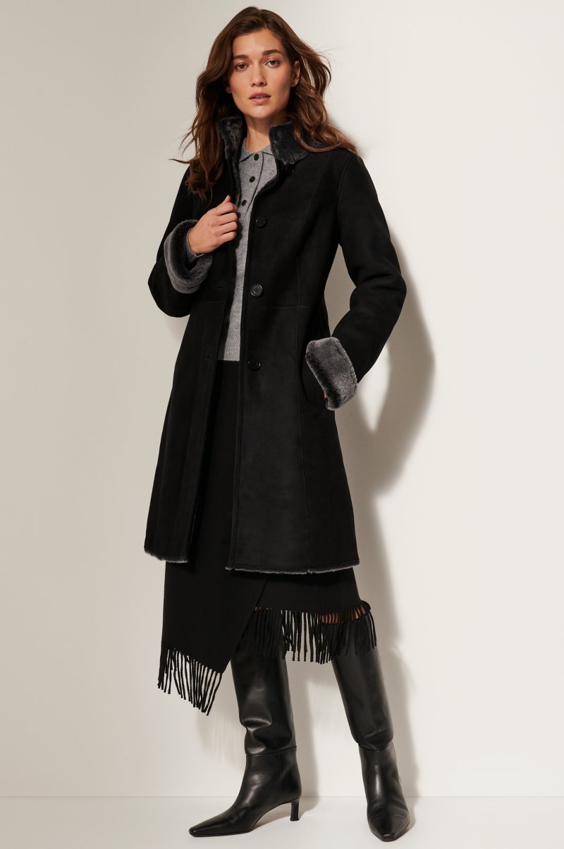 Women's Black Fur & Shearling Long Leather Coat