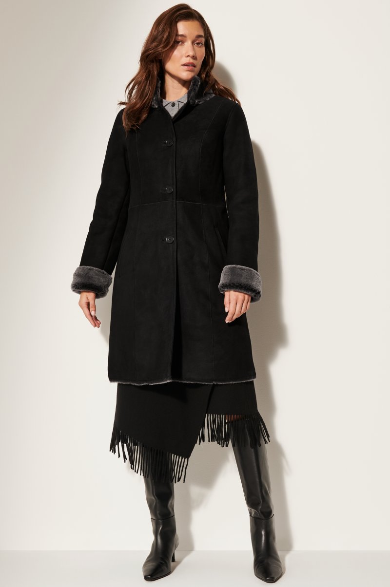 Women's Black Fur & Shearling Long Leather Coat