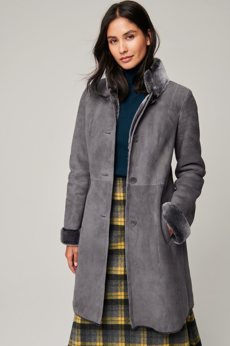 Women's Grey Fur & Shearling Long Leather Coat