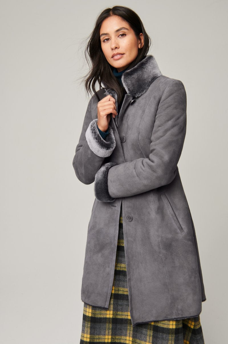 Women's Grey Fur & Shearling Long Leather Coat