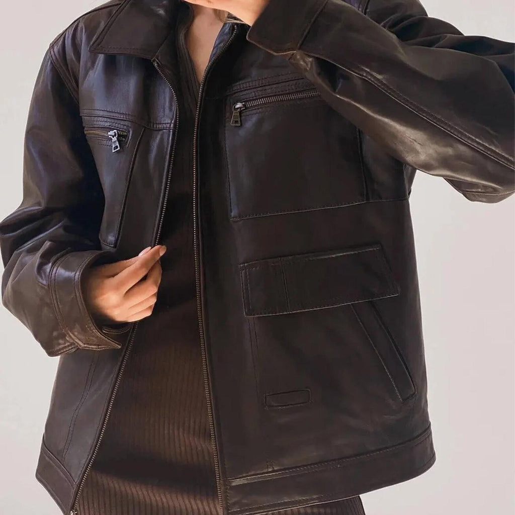 Women's Genuine Chocolate Brown Lightweight oversized Straight Cut Leather Jacket