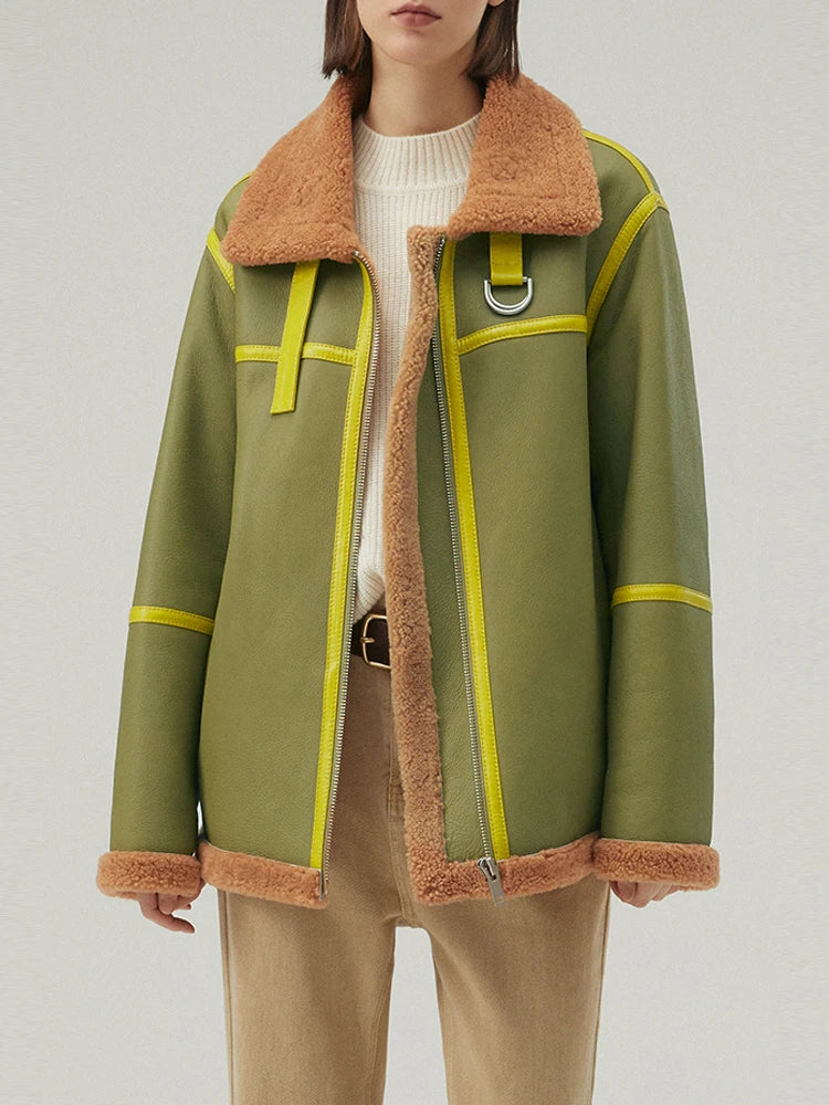 Women's Green Fur & Shearling Short Oversize Leather Coat