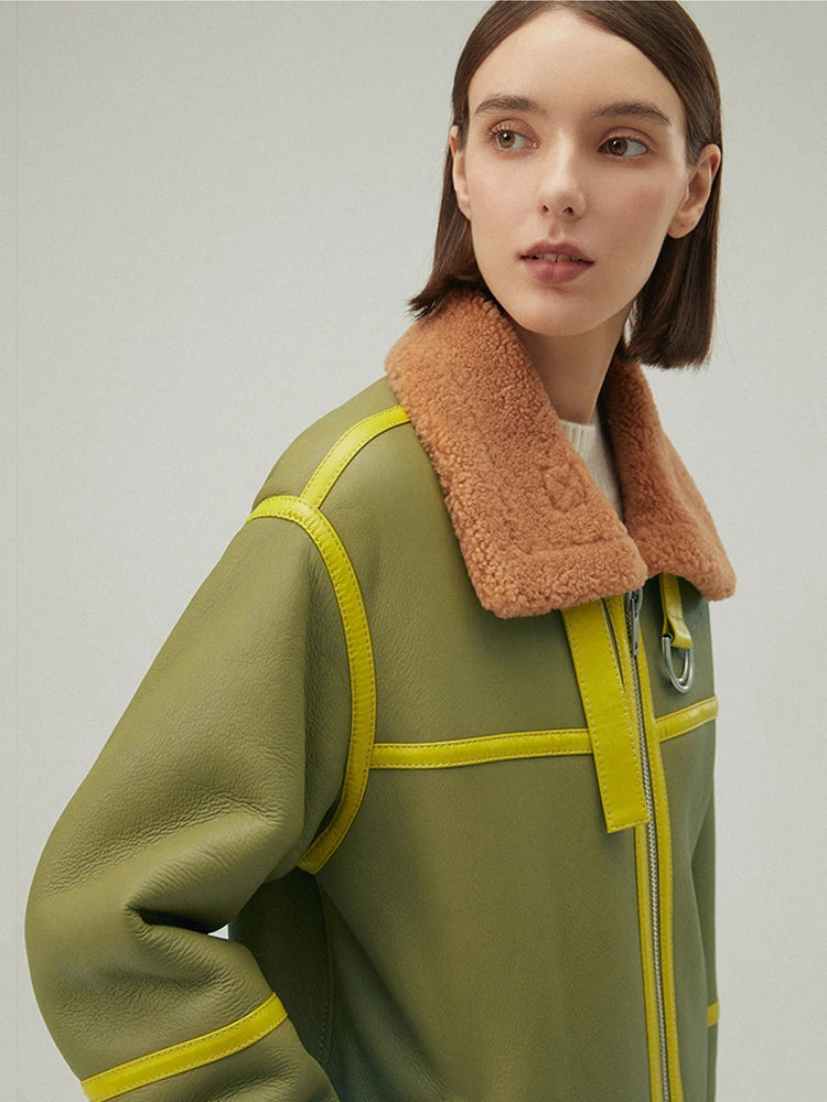 Women's Green Fur & Shearling Short Oversize Leather Coat