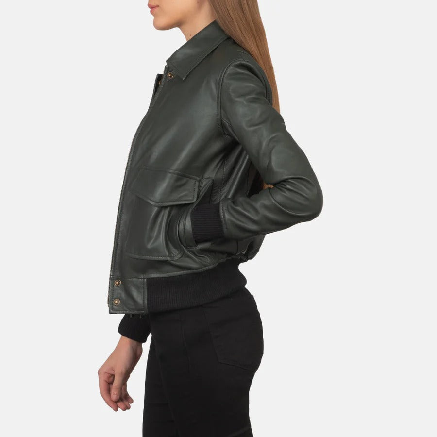 Women's Green  Real Leather Bomber jacket