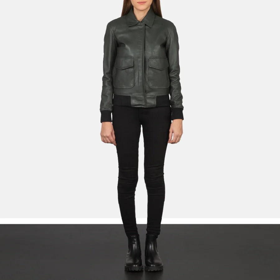 Women's Green  Real Leather Bomber jacket