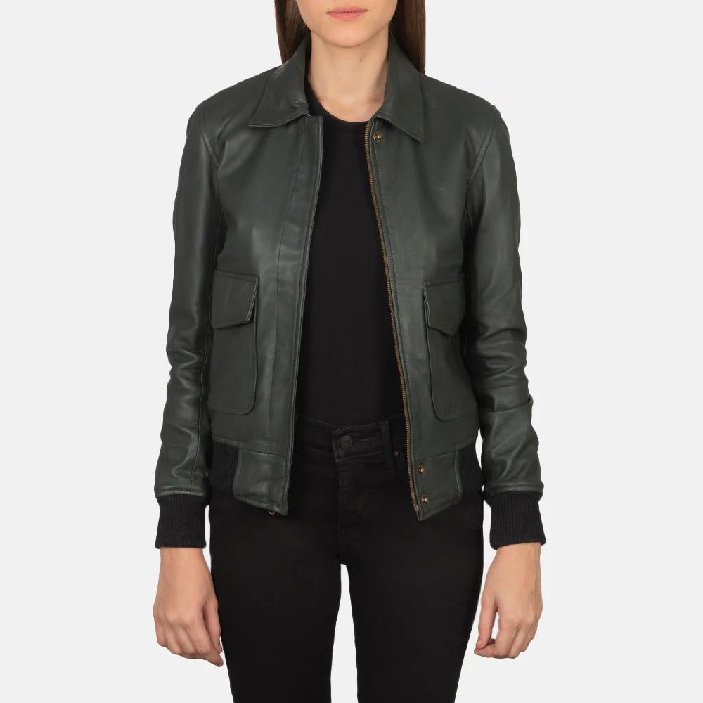 Women's Green  Real Leather Bomber jacket