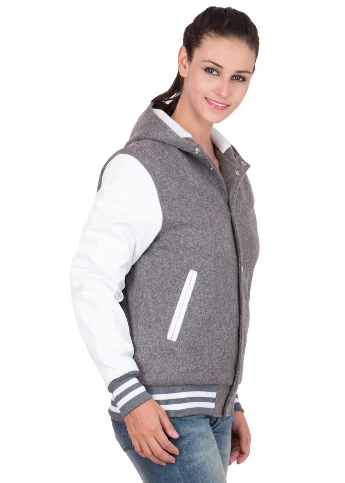 Women's Grey WOOL BODY HOOD VARSITY JACKET