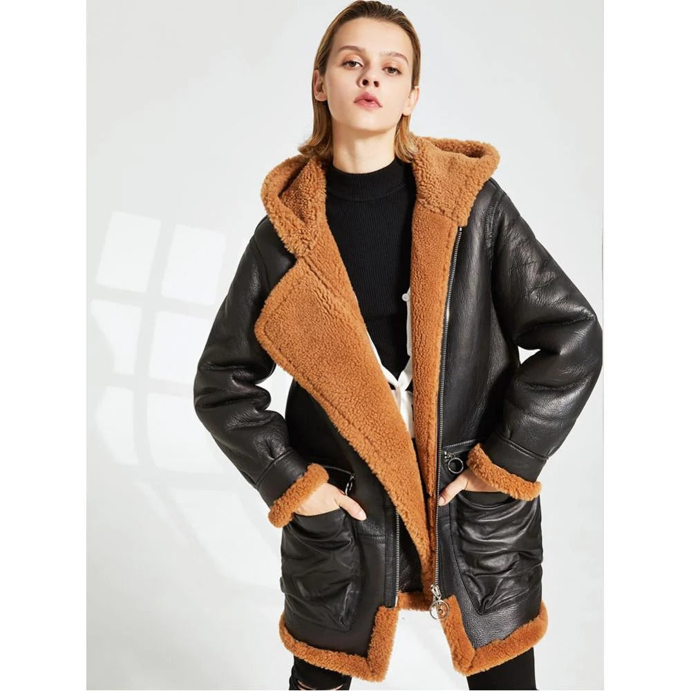 Women's Hooded Faux Fur & Shearling Sheepskin Leather Coat