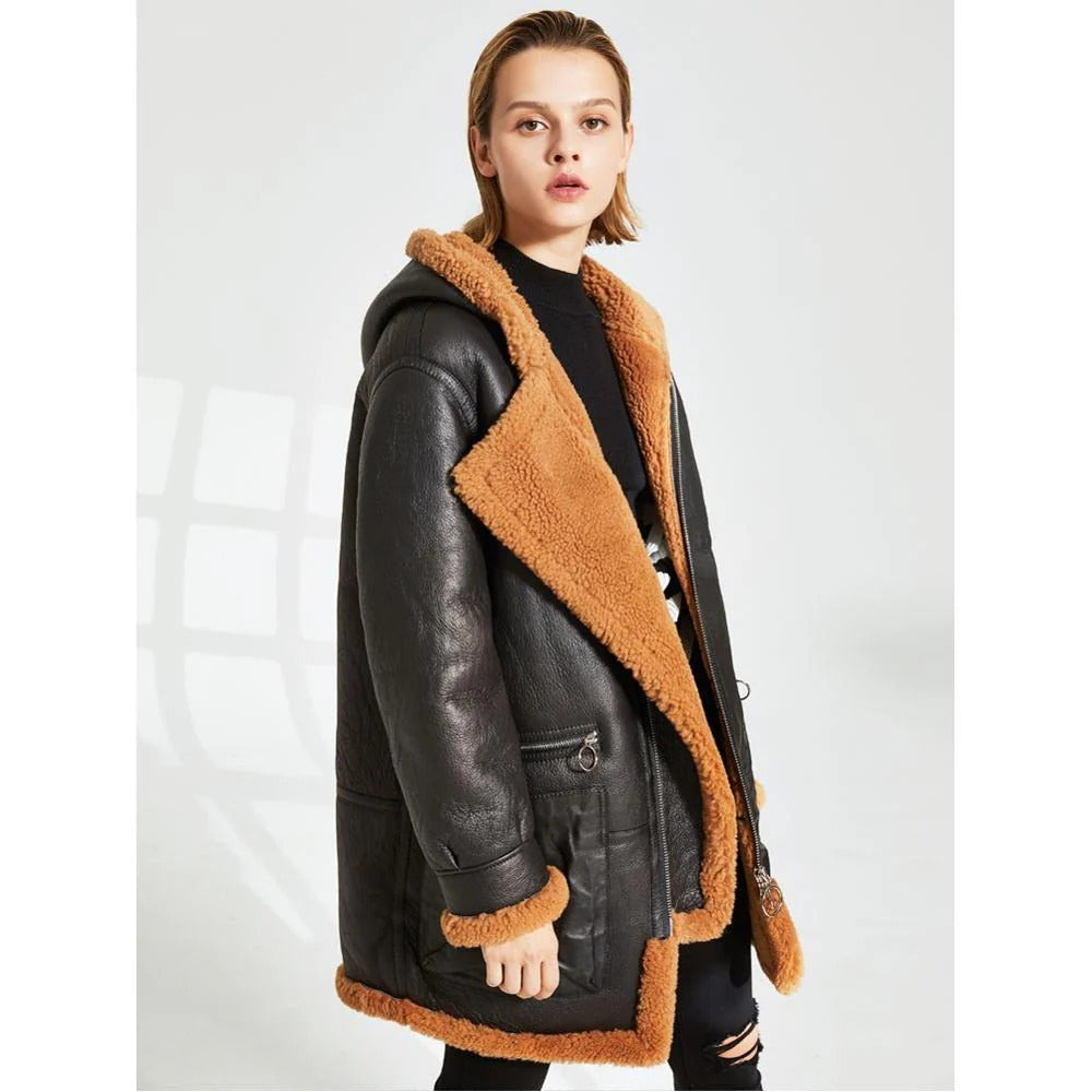 Women's Hooded Faux Fur & Shearling Sheepskin Leather Coat