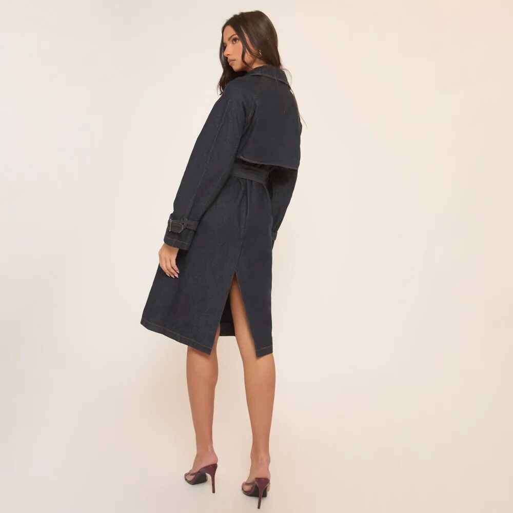 Women's Indigo Blue Long Sleeve Belt Detail Denim Trench Coat