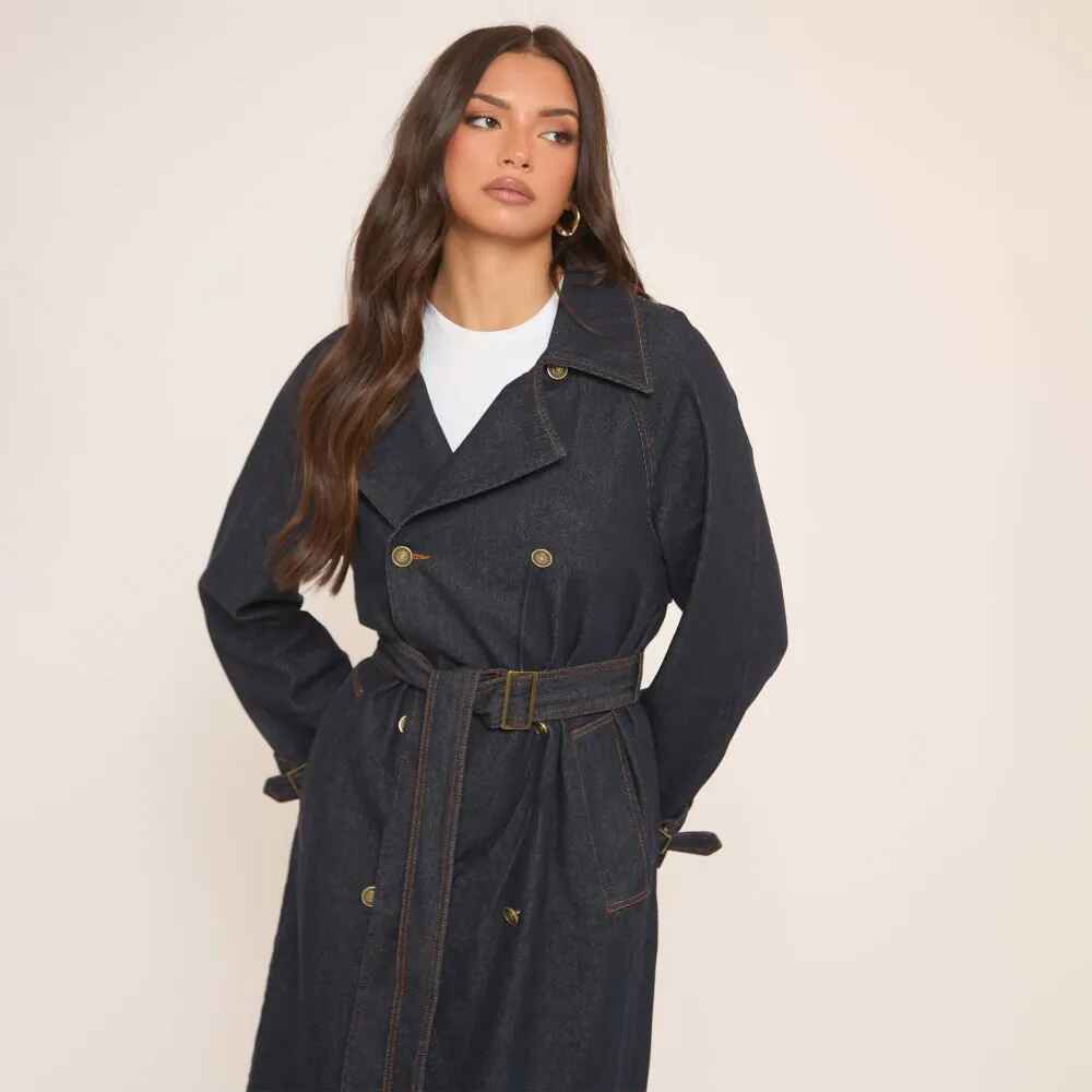 Women's Indigo Blue Long Sleeve Belt Detail Denim Trench Coat