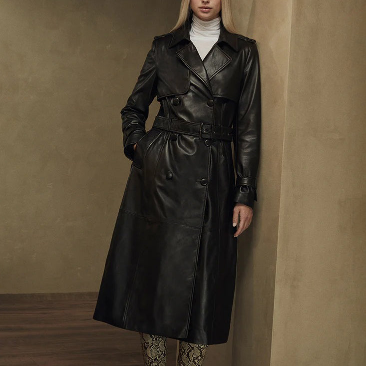 Damen Trenchcoat aus dunkelschokoladenbraunem Leder