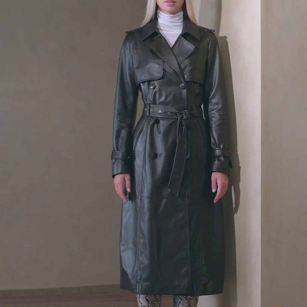 Damen Trenchcoat aus dunkelschokoladenbraunem Leder