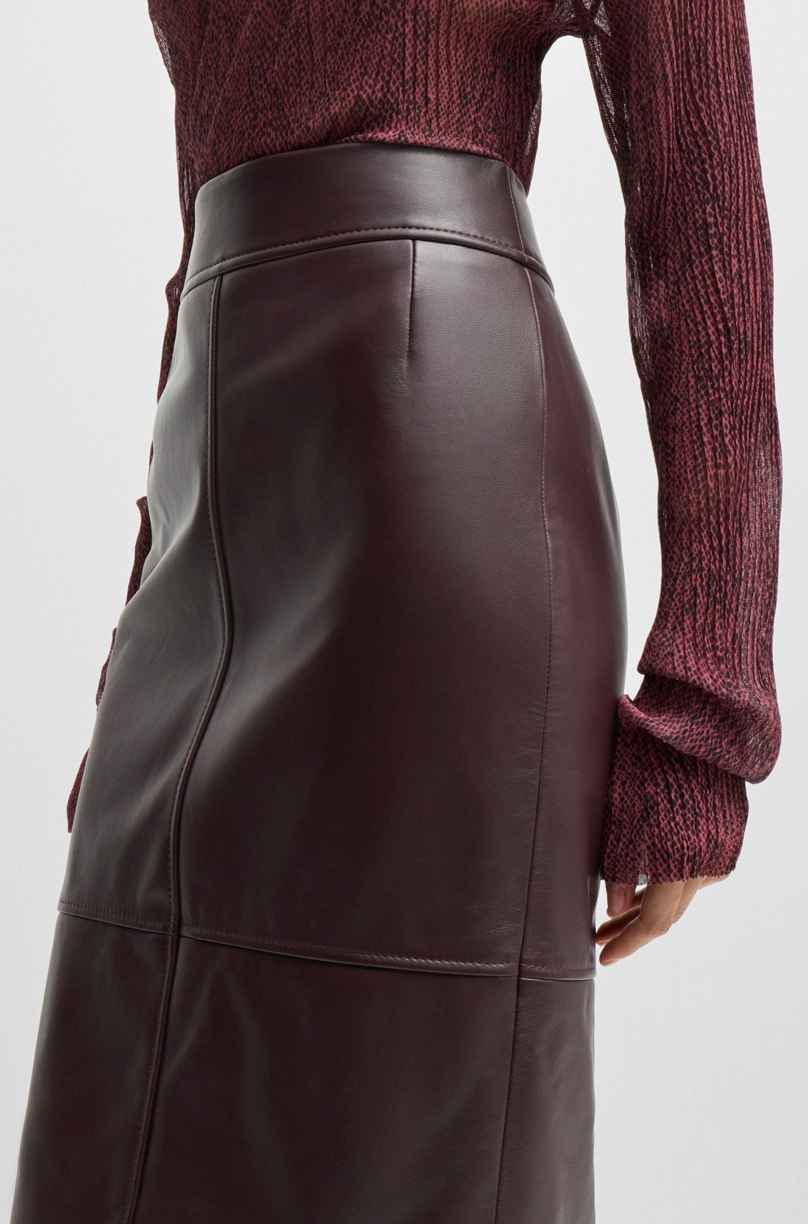 Women's Leather Pencil Skirt with Paneled Details