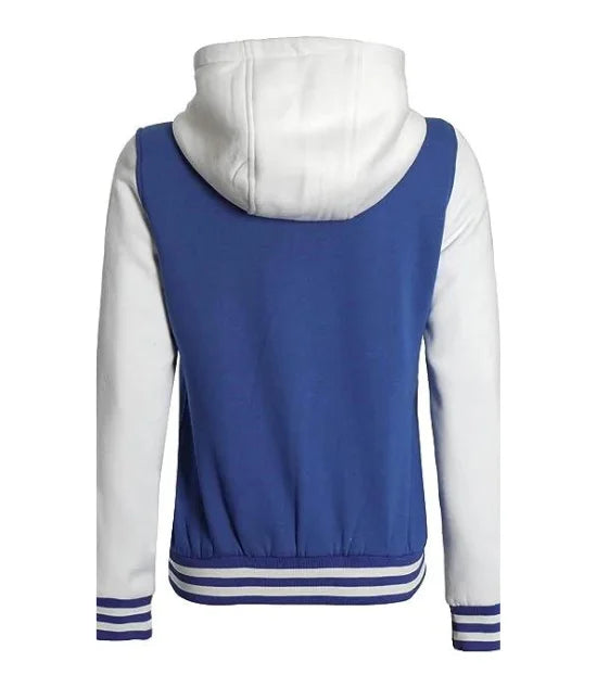Damen Letterman Collegejacke in Blau und Weiß mit Kapuze