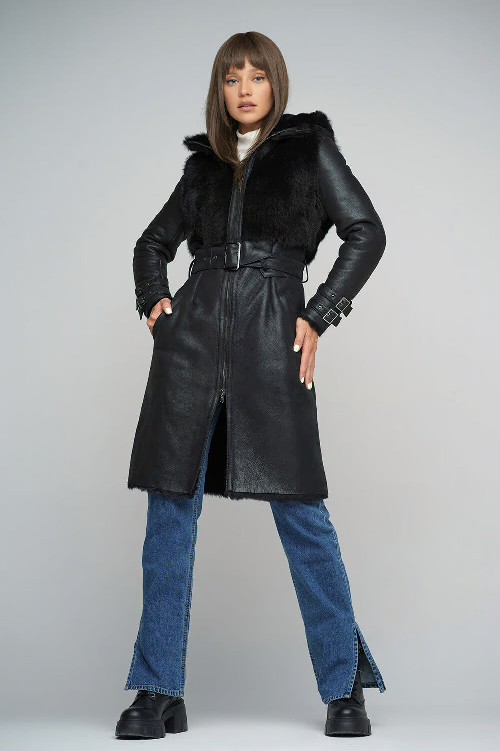 Women's Long Fox Fur & Shearling Leather Coat