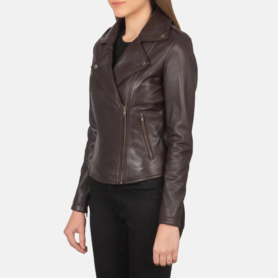 Women's Maroon Real Leather Biker Jacket