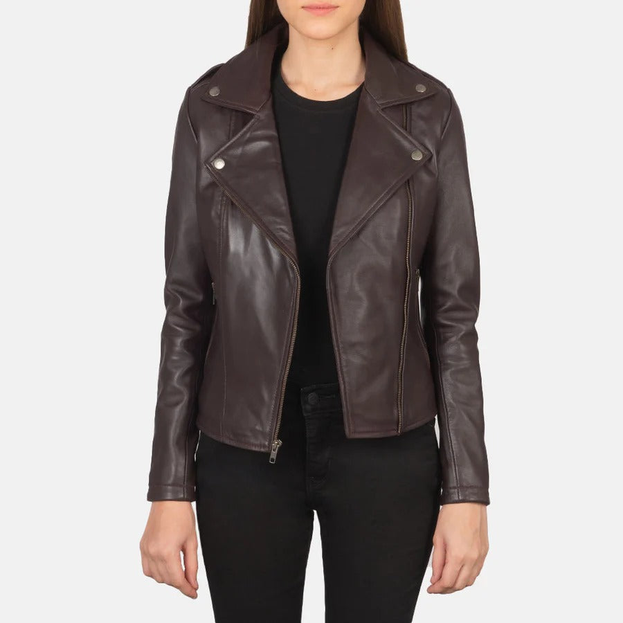 Women's Maroon Real Leather Biker Jacket