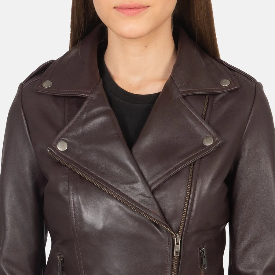Women's Maroon Real Leather Biker Jacket