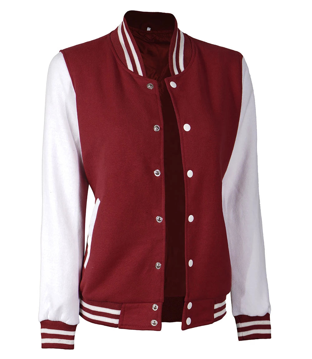 Women's Maroon and White Varsity Jacket - Baseball Style