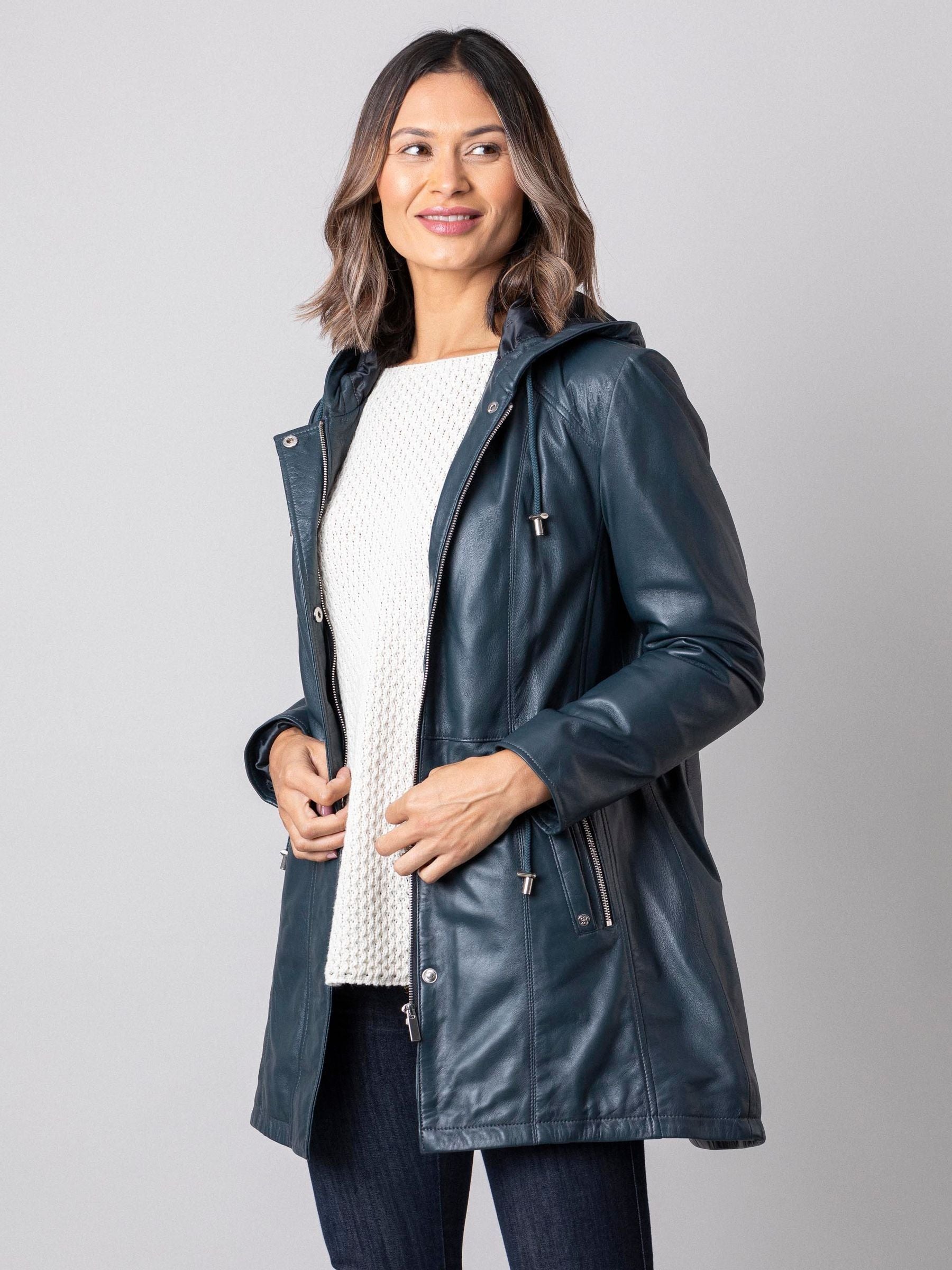 Women's Navy Blue Hooded Leather Coat