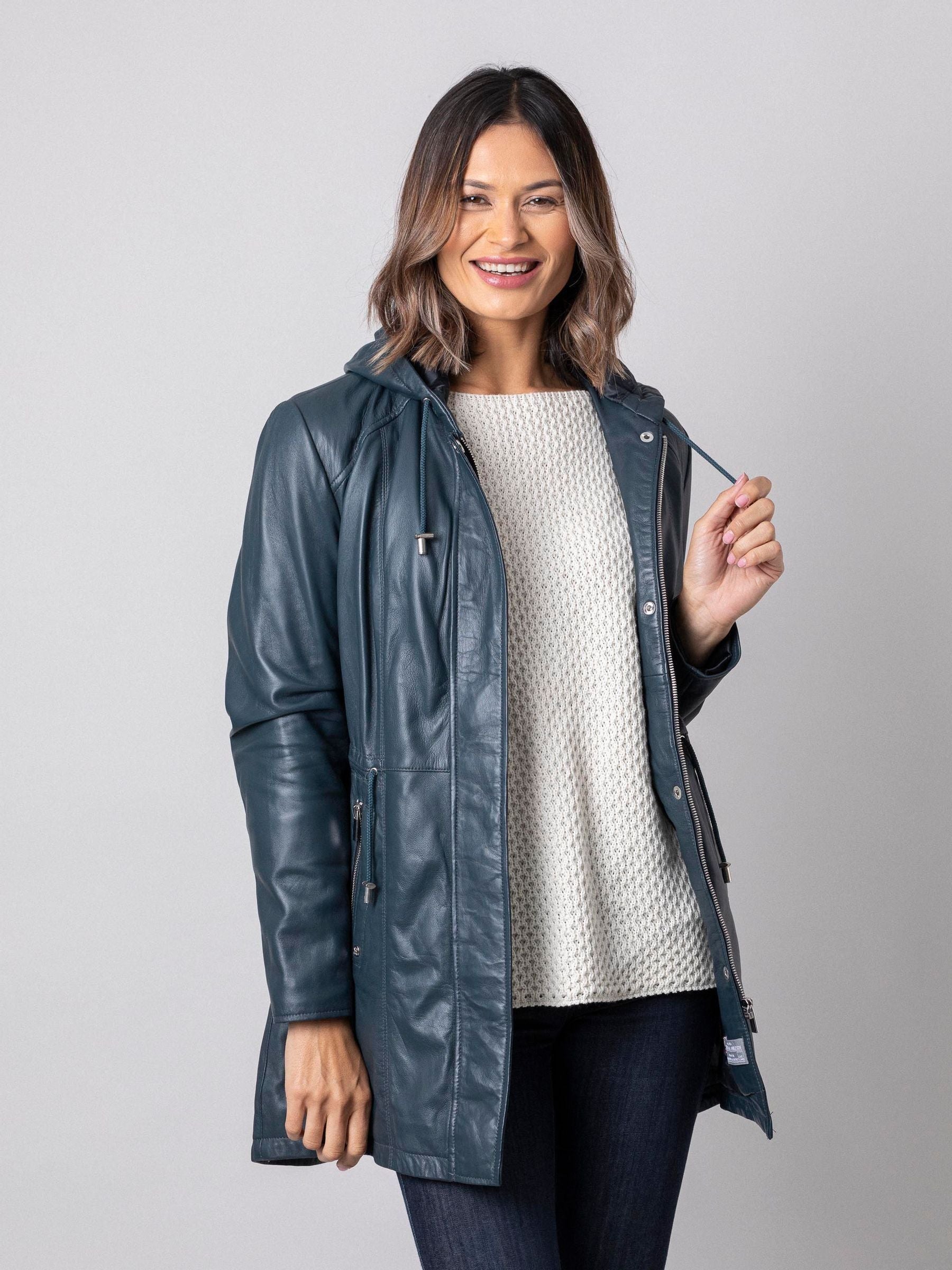 Women's Navy Blue Hooded Leather Coat