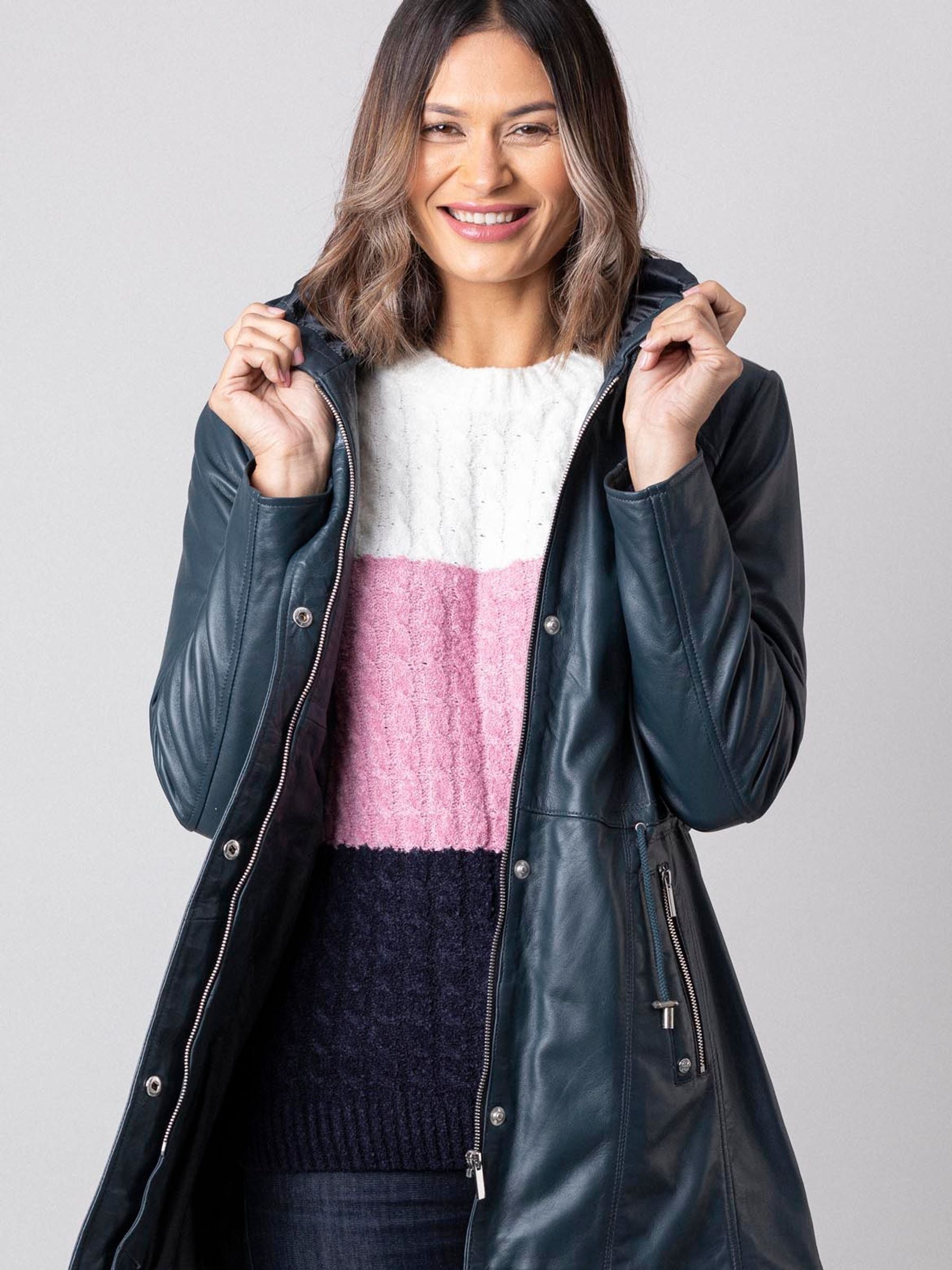 Women's Navy Blue Hooded Leather Coat