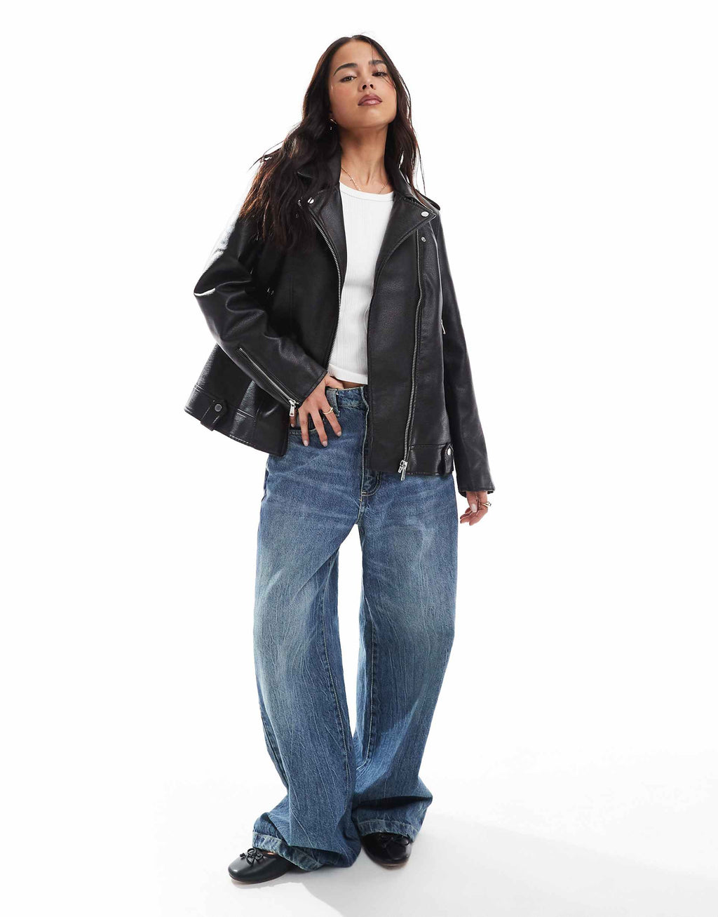 Women's Notch Collar Black Zipper Leather Jacket