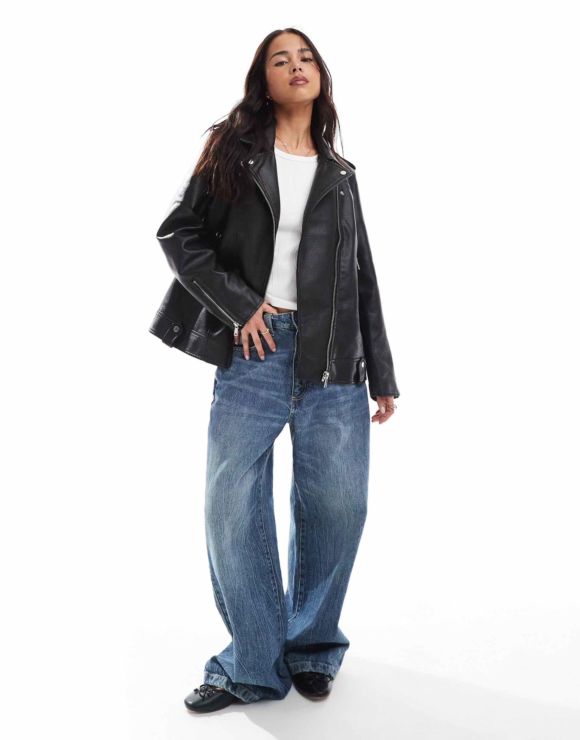 Women's Notch Collar Black Zipper Leather Jacket