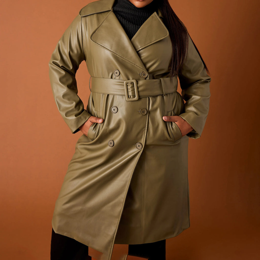 Olivgrüner Trenchcoat aus Leder für Damen