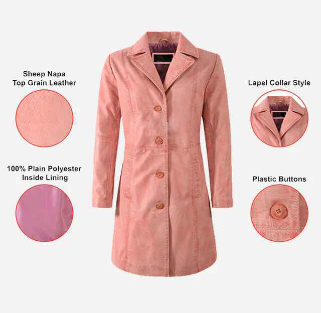 Women's Pink ELEGANT Leather Short Trench Coat