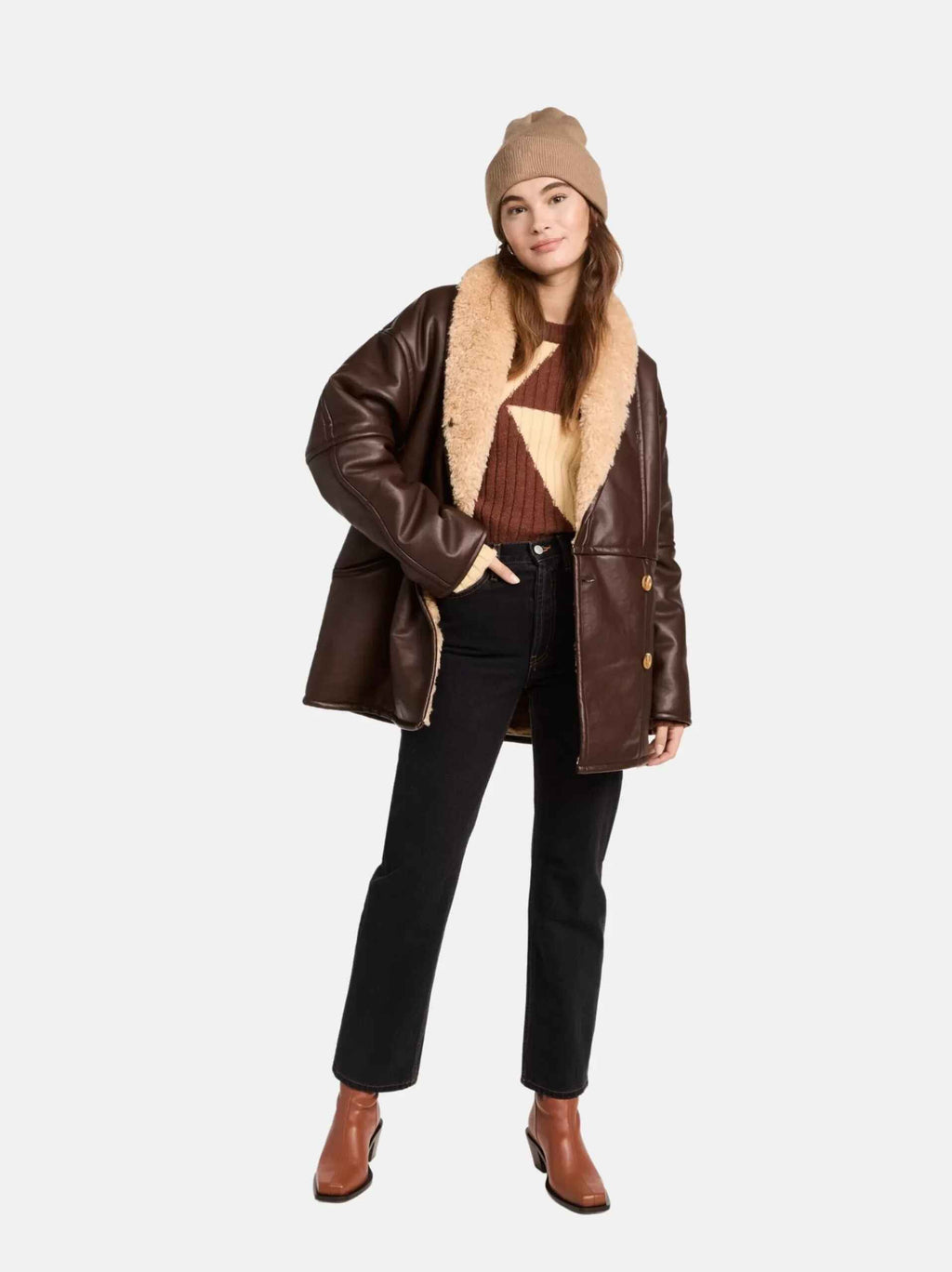 Women’s Plain Brown Sheepskin Shearling Leather Coat
