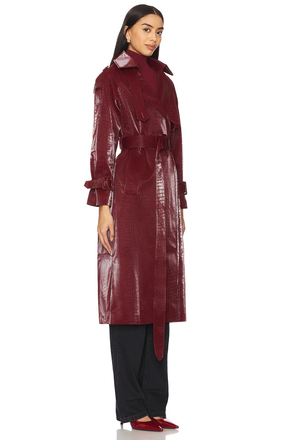 Women's Red Faux Leather Seattle Trench Coat