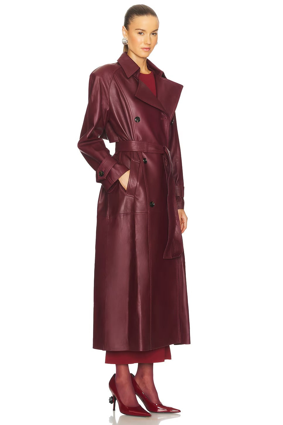 Women's Red Faux Leather Trench Coat