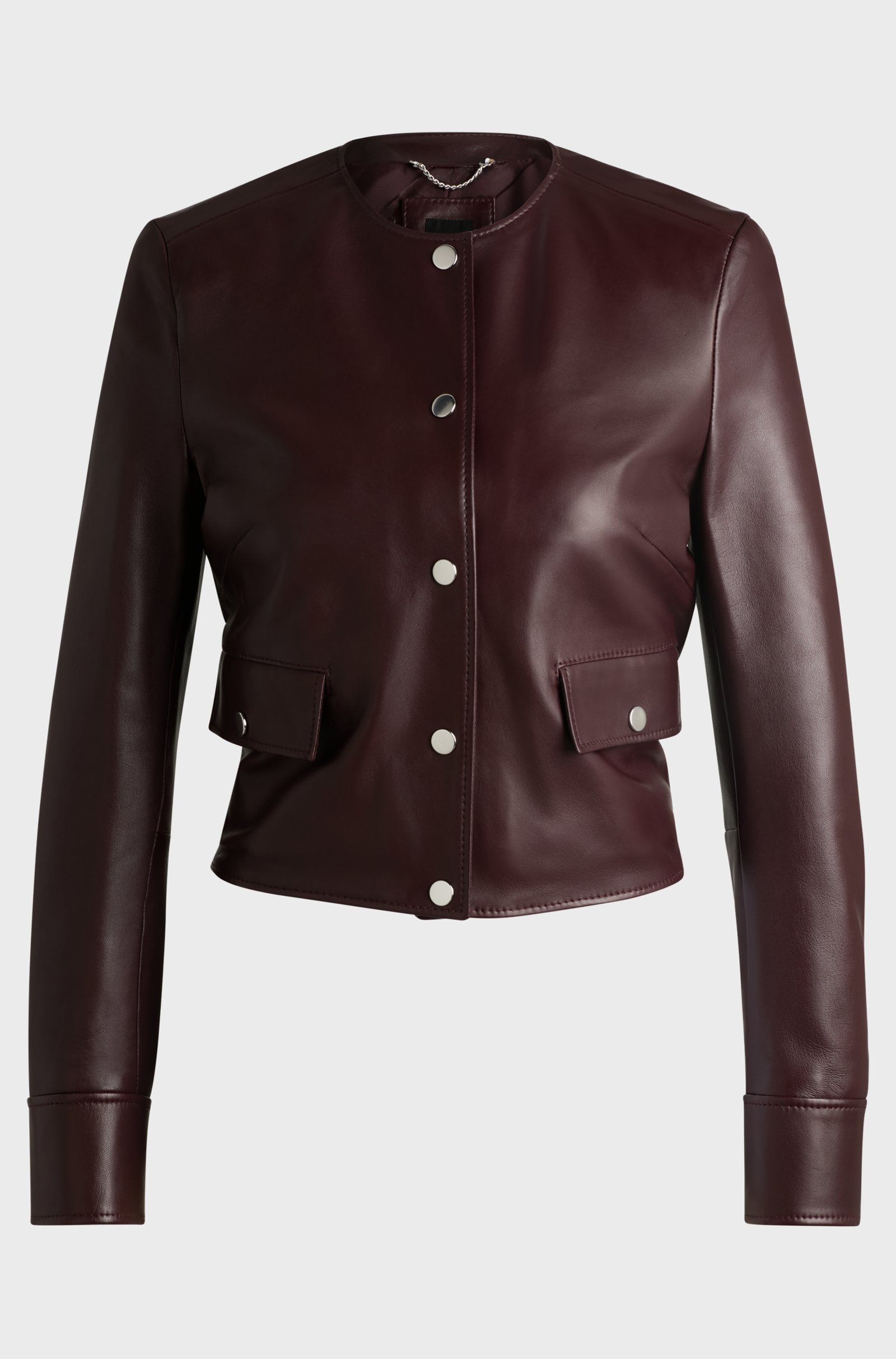 Women's Red Hardware Press-Studs Collarless Leather jacket