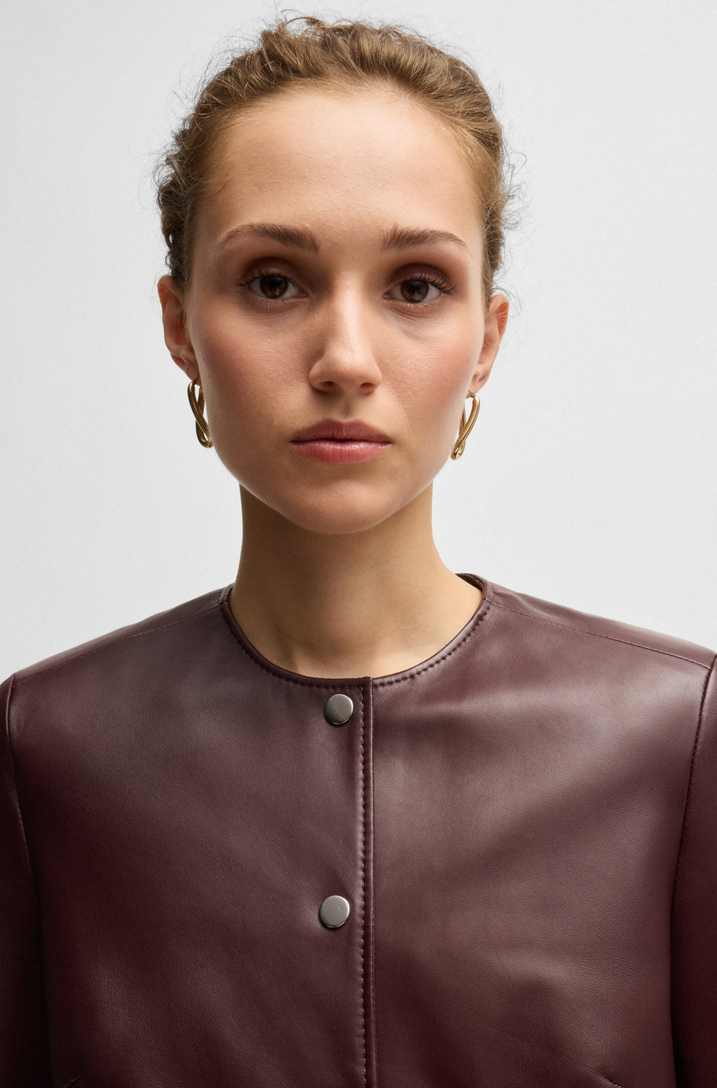 Women's Red Hardware Press-Studs Collarless Leather jacket