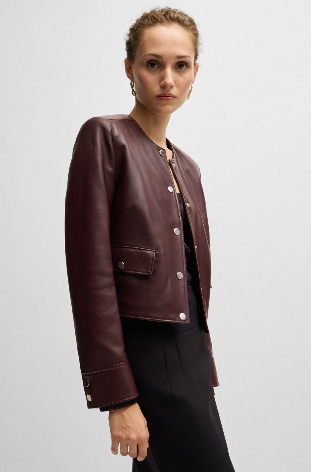 Women's Red Hardware Press-Studs Collarless Leather jacket