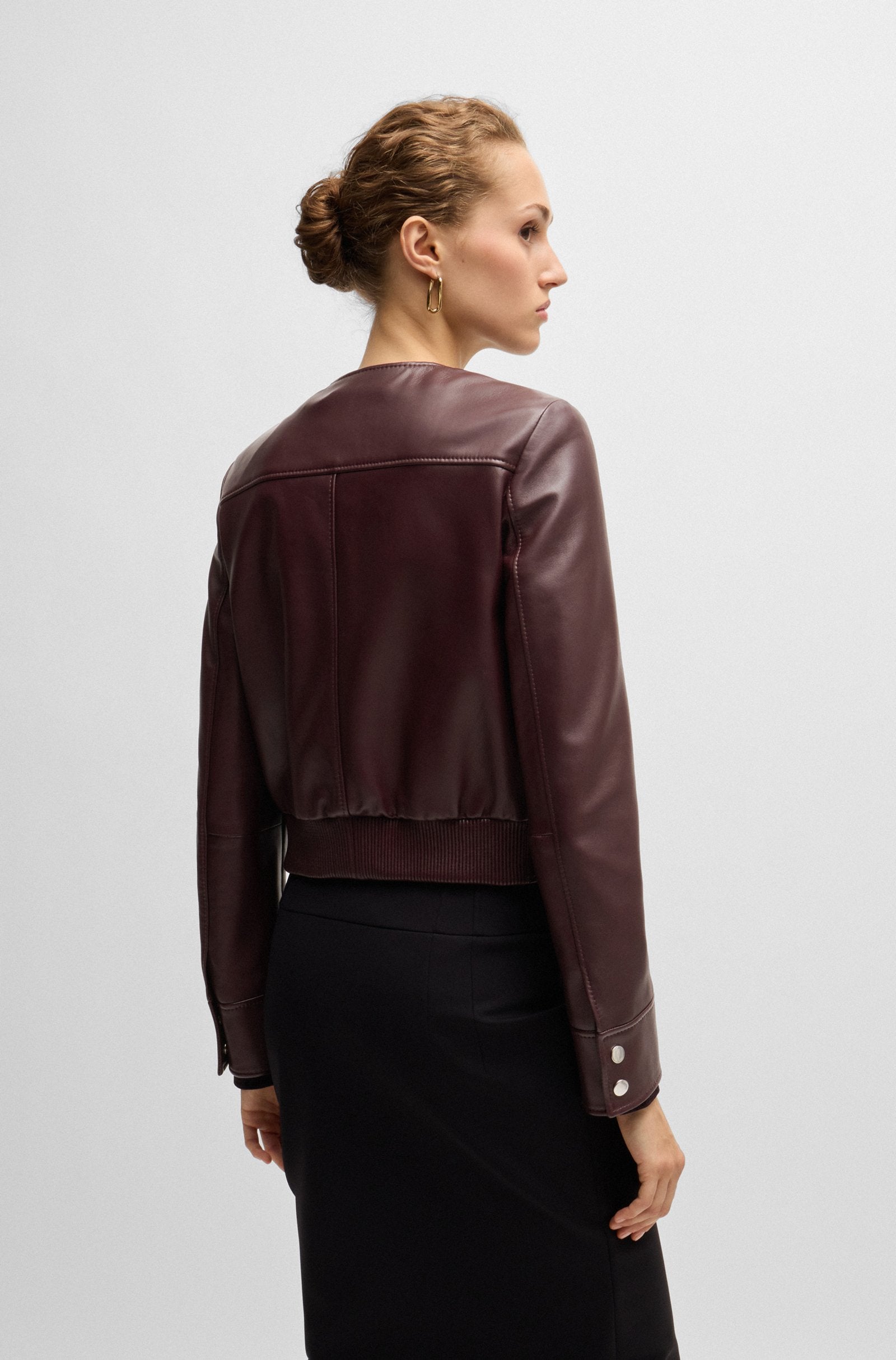 Women's Red Hardware Press-Studs Collarless Leather jacket
