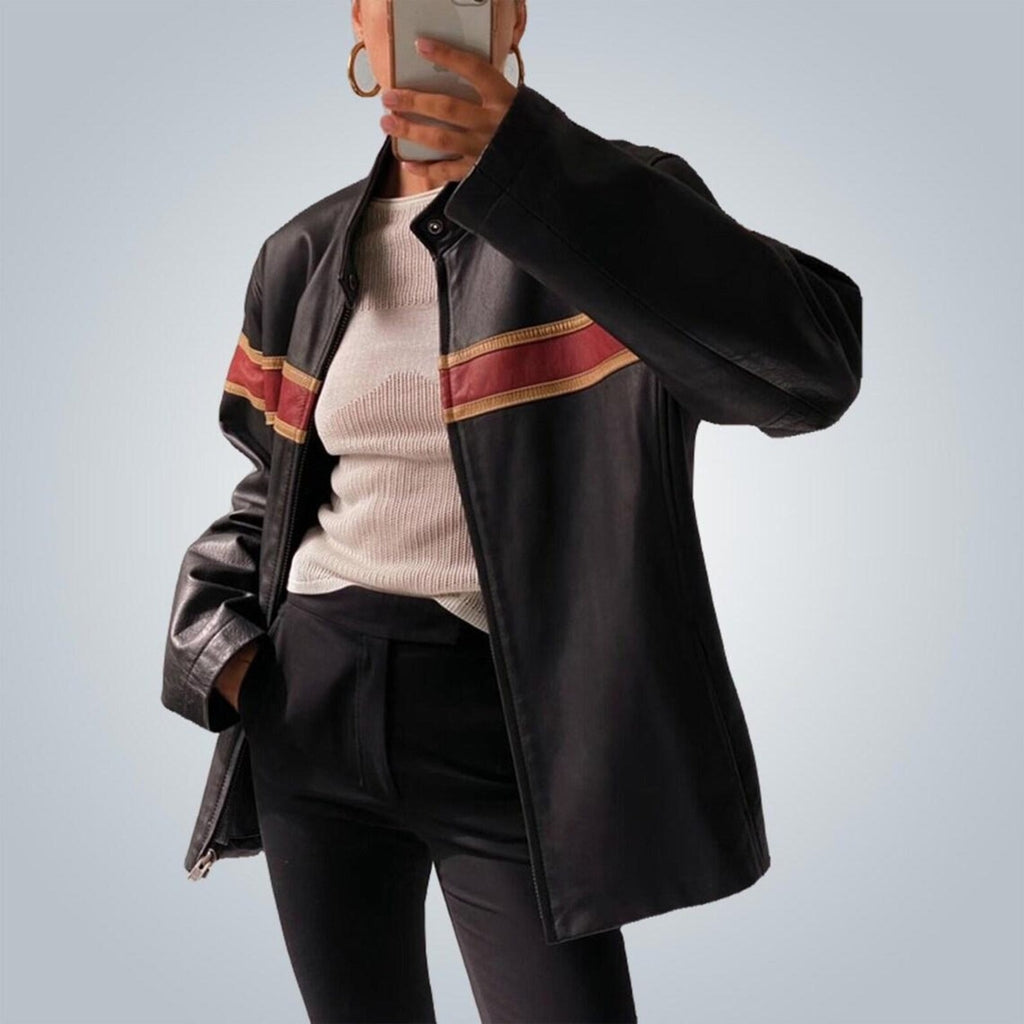 Rote Oversize-Lederjacke mit Streifen an Brust und Ärmeln für Damen