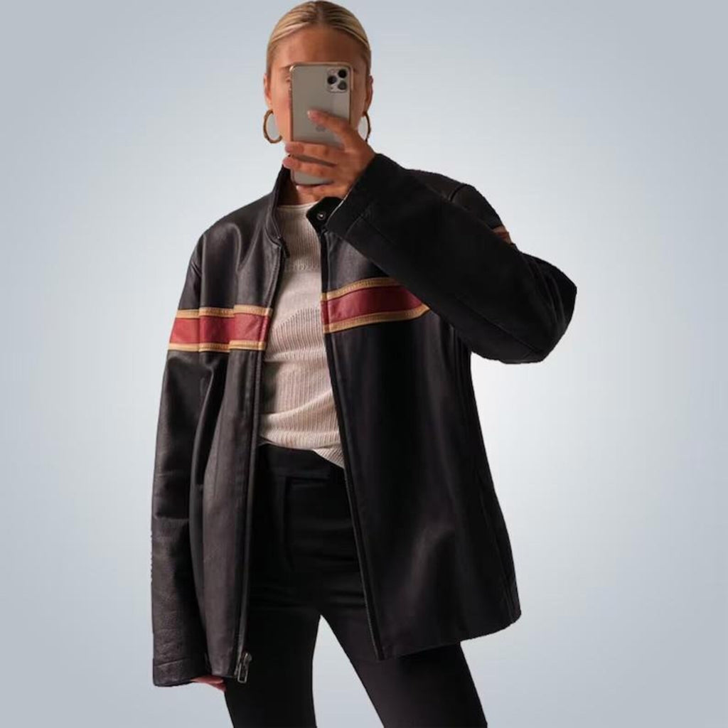 Rote Oversize-Lederjacke mit Streifen an Brust und Ärmeln für Damen