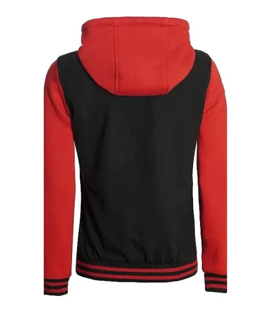 Women's Red and Black Varsity Letterman Jacket with Hood
