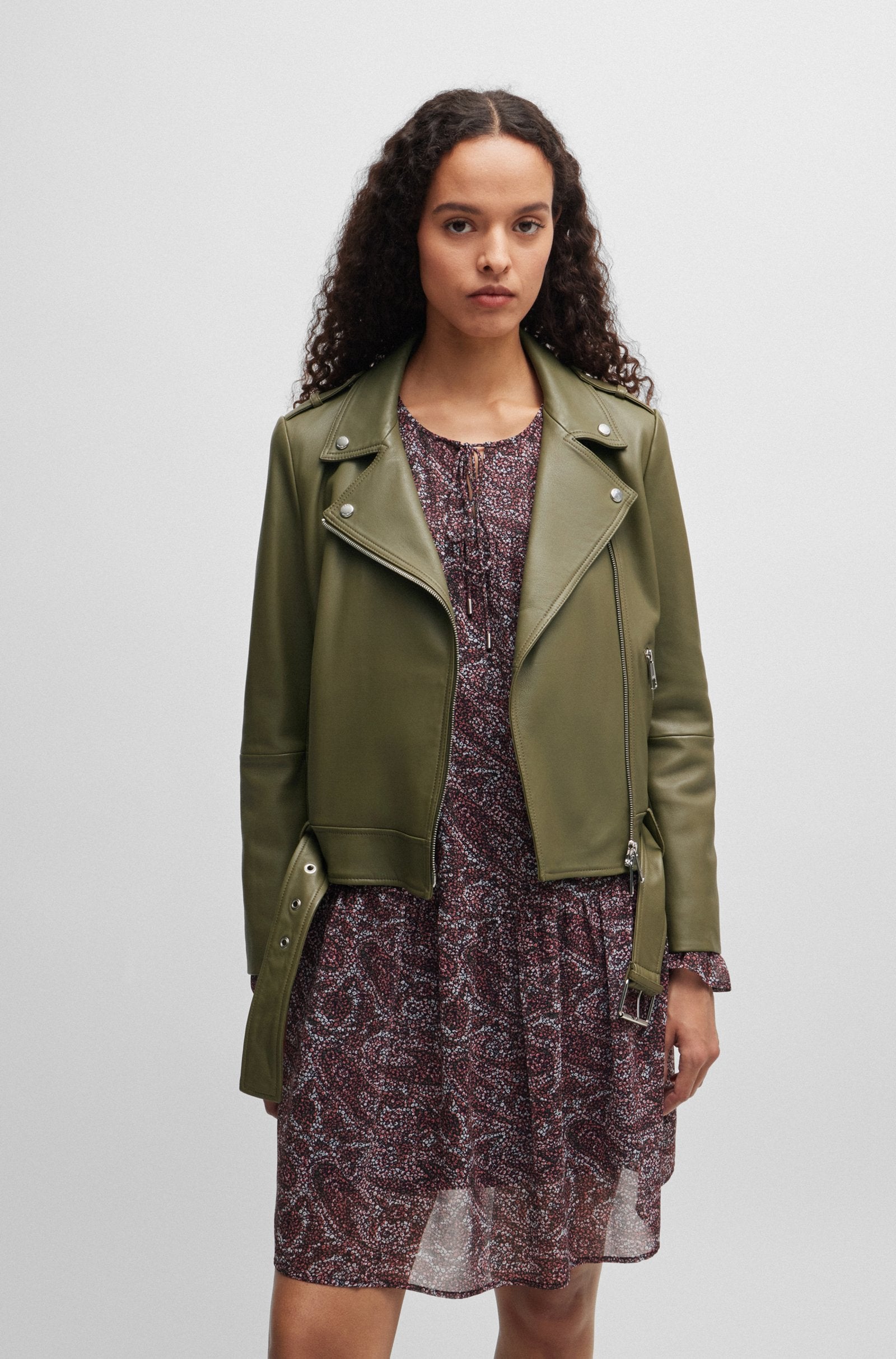 Women's Regular Fit Buckled Belt Nappa Leather Biker Jacket