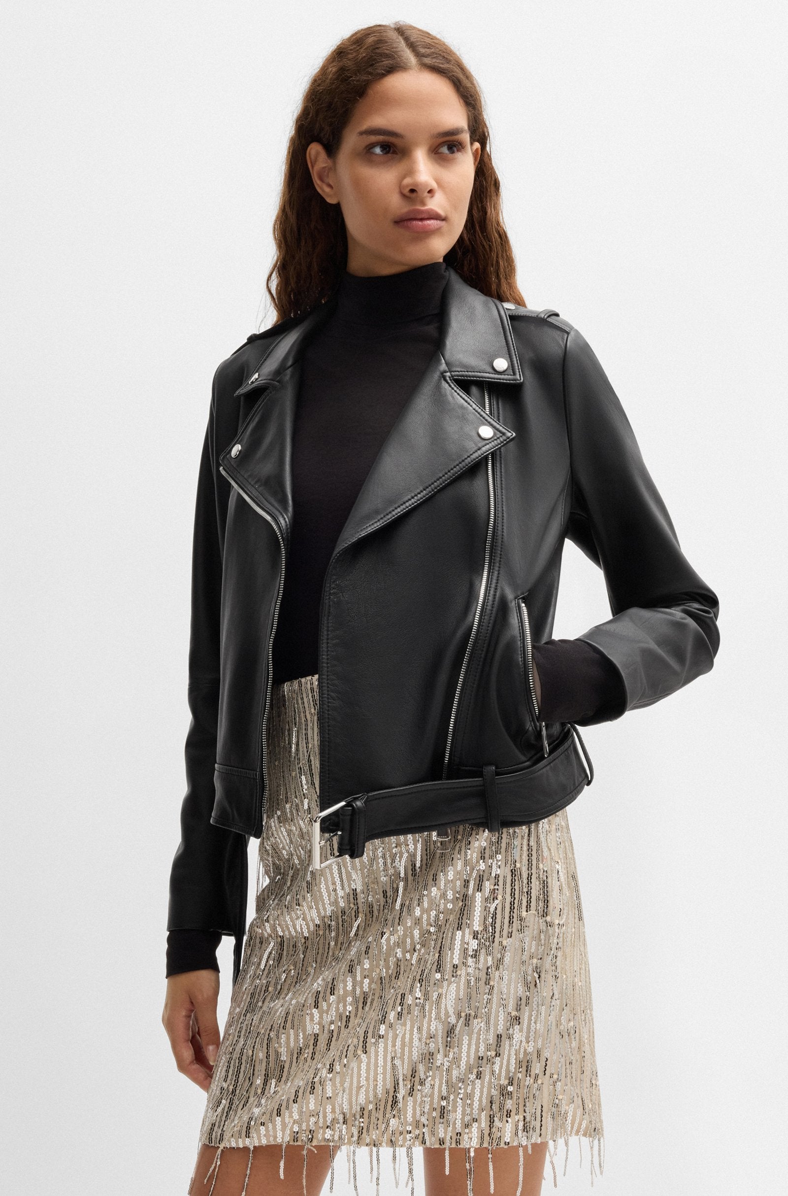 Women's Regular Fit Buckled Belt Nappa Leather Biker Jacket