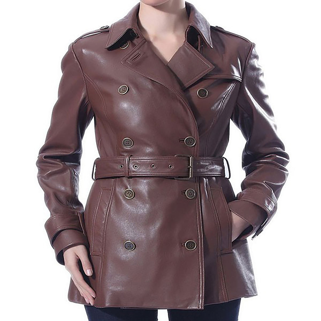 Women's Removable belt Trench Short Leather Coat