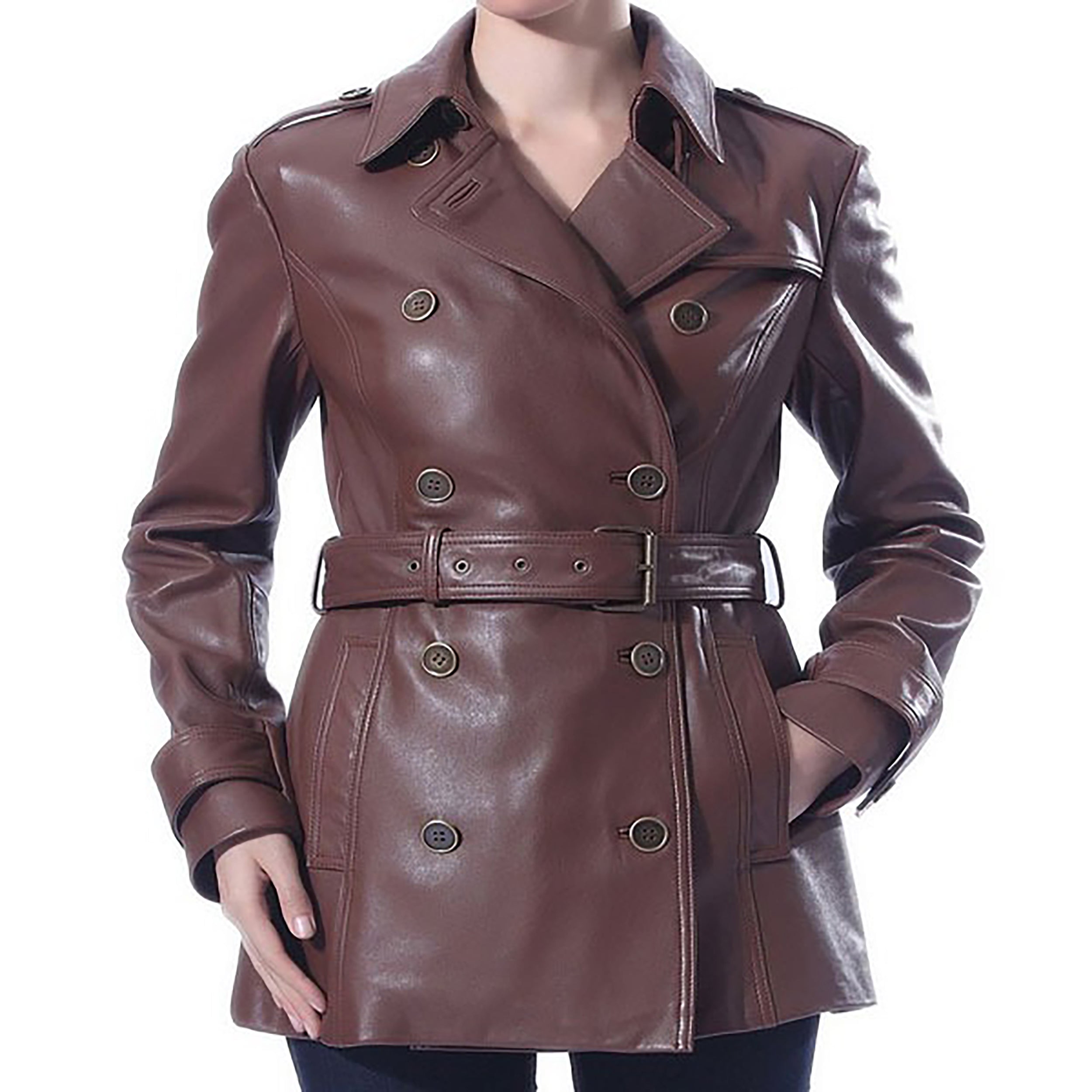 Women's Removable belt Trench Short Leather Coat