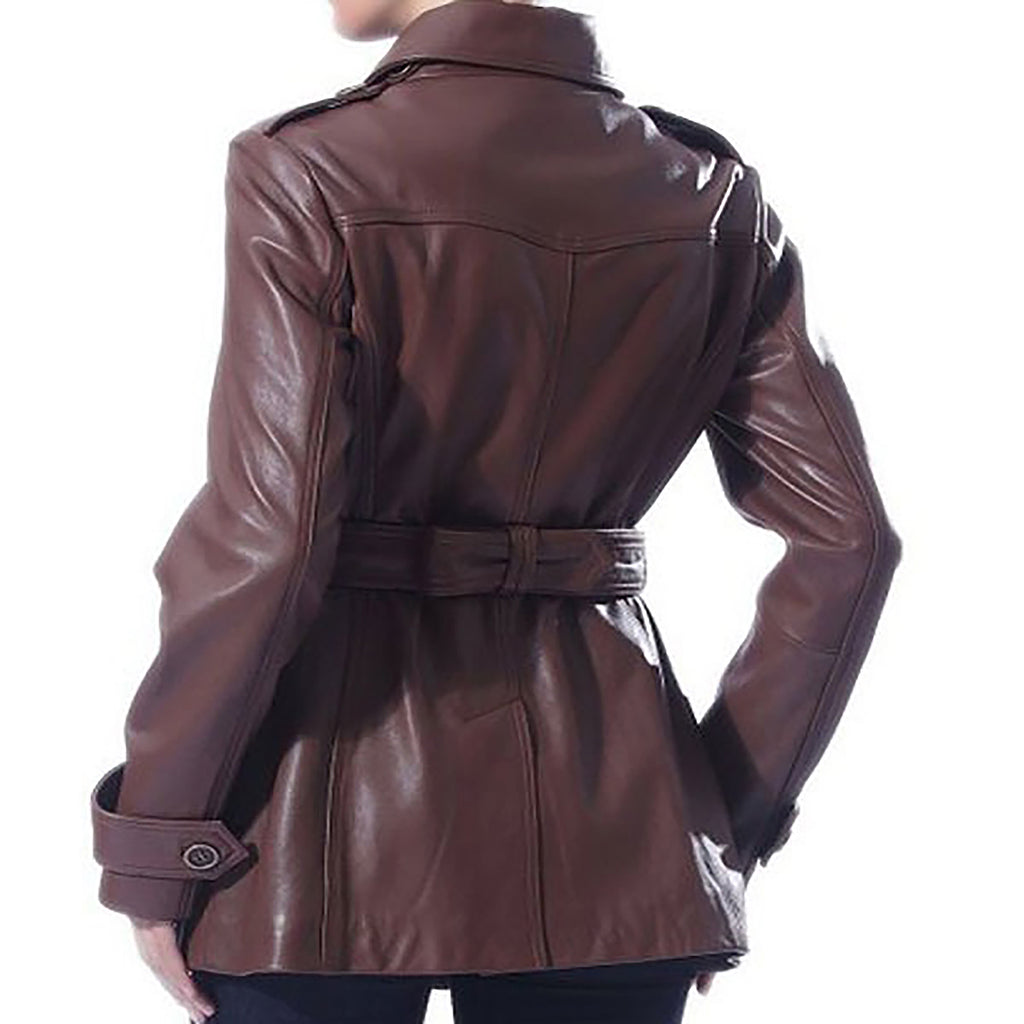Women's Removable belt Trench Short Leather Coat