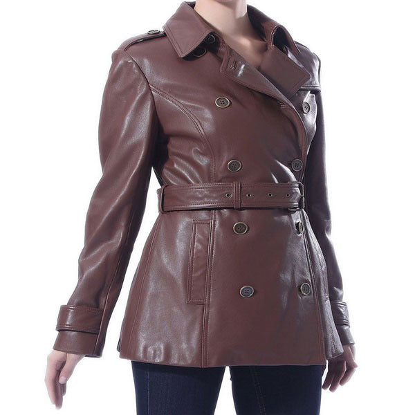 Women's Removable belt Trench Short Leather Coat
