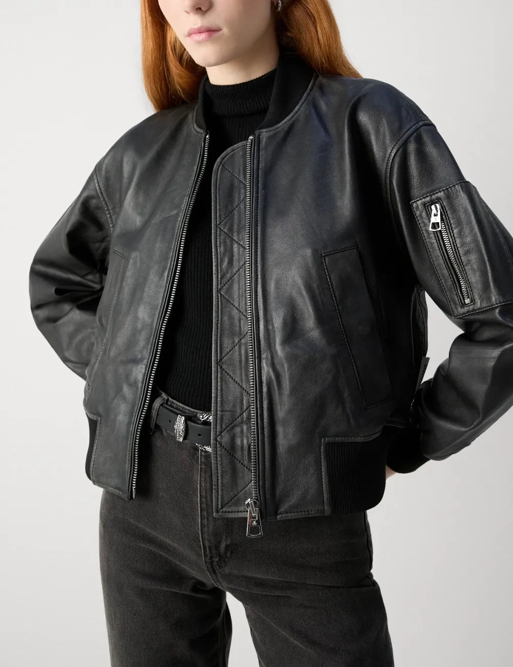 Women's Retro Polo Black Cropped Aviator Bomber Leather Jacket